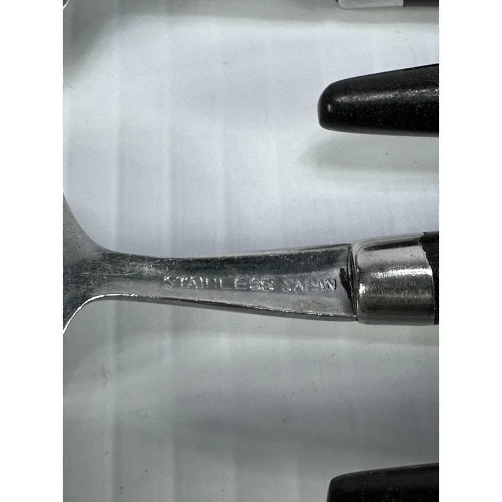 5 Vintage Serrated Citrus Stainless‎ Spoons Black Plastic Handle 6